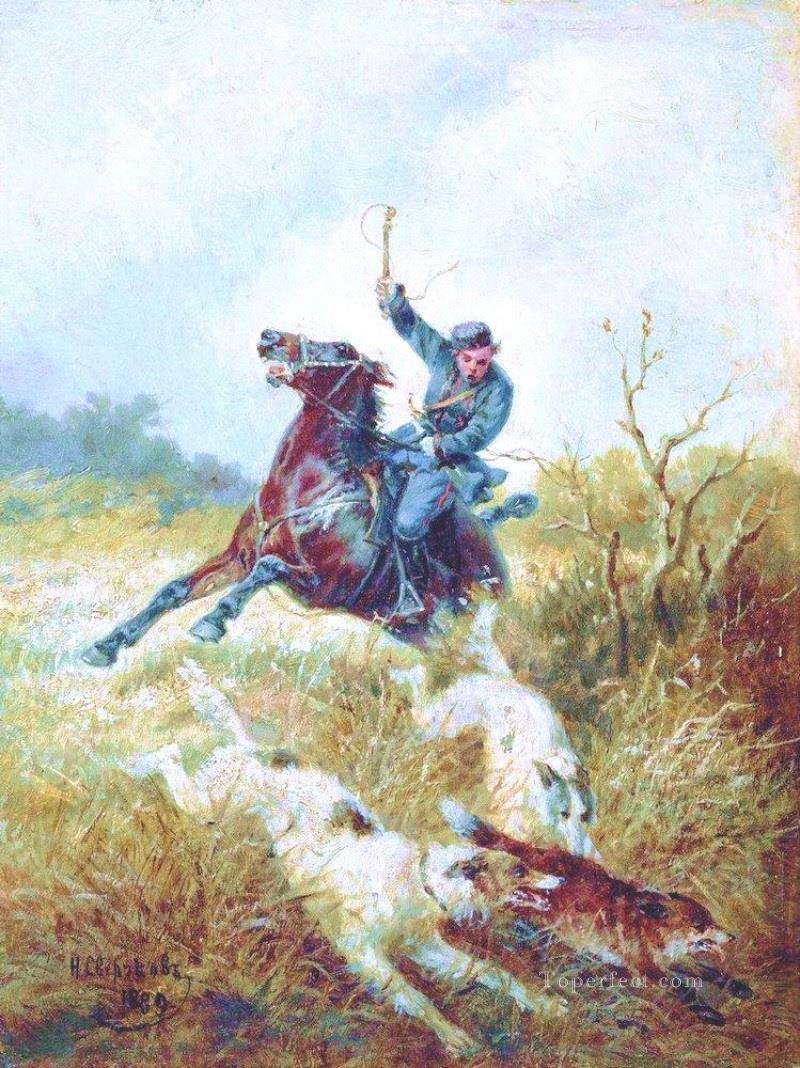 ニコライ・スヴェルチコフ ボルゾイと狩猟 1889油絵